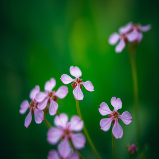 Close-up of delicate pink flowers with a soft green background, f/2.8 aperture, 50mm lens at 1/200 sec, shallow depth of field, natural light, DSLR camera.