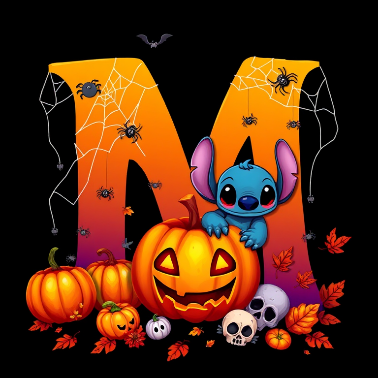 A whimsical and vibrant Halloween-themed digital illustration featuring the letter "M" adorned with spider webs, small bats, and cute spiders. At the base of the letter, a playful alien character similar to Stitch is peeking out from inside a carved pumpkin with glowing eyes, surrounded by additional pumpkins, a small skull, and autumn leaves. The letter is gradient-colored from orange to purple, adding a magical atmosphere to the scene, black background