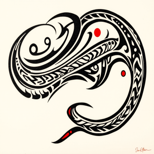 Tribal tattoo "Ancient Echoes" featuring bold, sweeping black lines and intricate patterns inspired by Polynesian and Maori designs, with subtle red accents for added depth and contrast