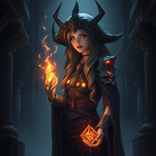 Generate a high-resolution fantasy illustration of a mystical sorceress with glowing elements in a dark temple, using a Canon EOS R5, 50mm f/1.2 lens, at ISO 100, shutter speed 1/125, soft lighting, and a portrait orientation.