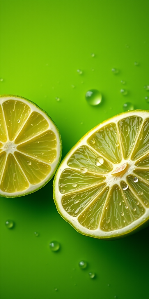 create an image of two halved limes with water droplets on a vibrant green background, use a 50mm lens, aperture f/2.8, shutter speed 1/100s, ISO 200, shot from a top-down view, in a soft focus photographic style with high dynamic range