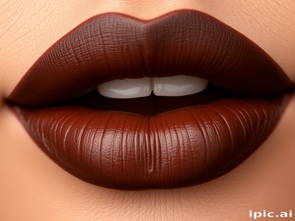 Rich chocolate brown lips with a satin finish, smooth and luxurious, showcasing depth and dimension for a sophisticated and modern look