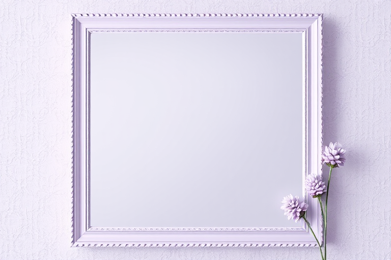 Create an empty picture frame design with a lavender textured border, using a digital camera, f/5.6 aperture, 1/125 shutter speed, and soft focus to enhance depth and quality.