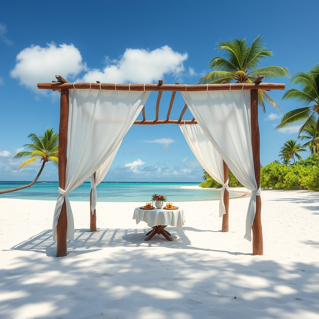 Create a picturesque tropical beach scene featuring a serene, white sandy shore. In the foreground, there's a rustic wooden canopy with white drapes gently flowing in the breeze. Underneath the canopy, a table is set with tropical decor, evoking a sense of relaxation and leisure. The beach extends into a calm, shallow water area with reflections of the sky and surroundings. Palm trees and lush greenery line the edge of the beach, providing a natural, tropical backdrop. The sky is clear with a few scattered clouds, and the overall atmosphere is tranquil and inviting, perfect for a peaceful retreat.