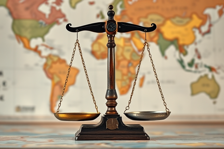 Create a high-resolution image of a vintage balance scale, with one side gold and the other silver, set against a blurred world map background, shot with a Canon EOS R5 at f/2.8, ISO 100, 50mm lens, and a shallow depth of field for enhanced focus on the scale.