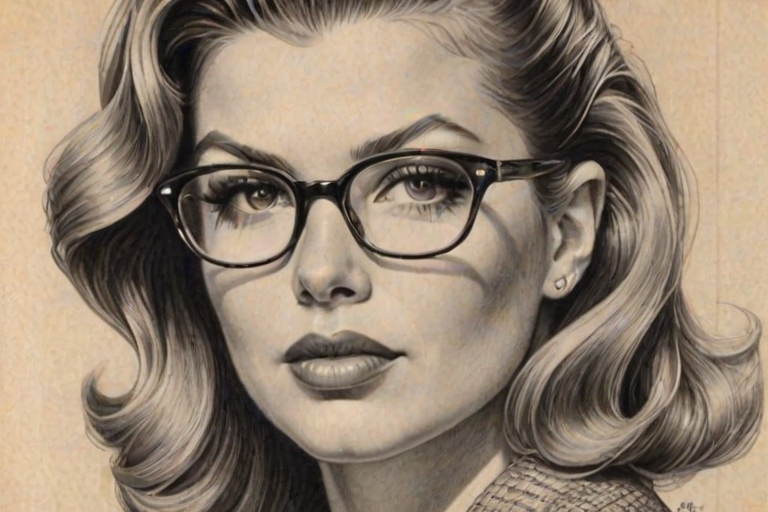 Sublime Fergie, pencil sketch, portrait of Ravishing woman 1941s in glasses, hair style beatnik, outline, clear lines, fine lines, 8k
