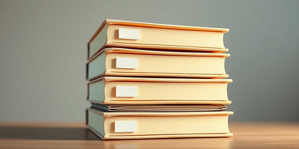 Create a highly detailed digital illustration of a stack of four cream-colored files with visible labels, using a 35mm lens, f/8 aperture, ISO 100, in a well-lit studio setting with a soft focus background.