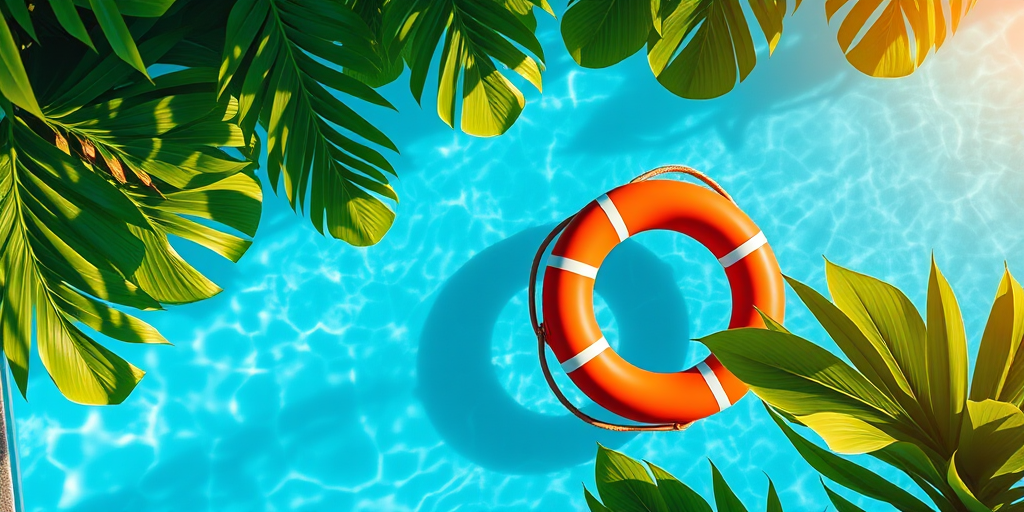 Create a vibrant, high-resolution image of a swimming pool scene featuring two lifebuoys, surrounded by lush tropical leaves, with sunlight glistening on the water, shot with a DSLR camera at f/8 aperture, ISO 200, 24mm lens, top-down view, capturing sharp details and vibrant colors.
