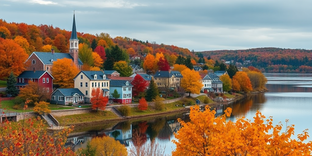 Capture a serene autumn landscape of a quaint town by the water, showcasing vibrant fall foliage, historical buildings with a steeple, and a calm lake reflecting the colorful trees, with a Canon EOS 5D Mark IV, 24mm lens, aperture f/8, ISO 100, shutter speed 1/200s, taken from a slightly elevated position for a panoramic view.