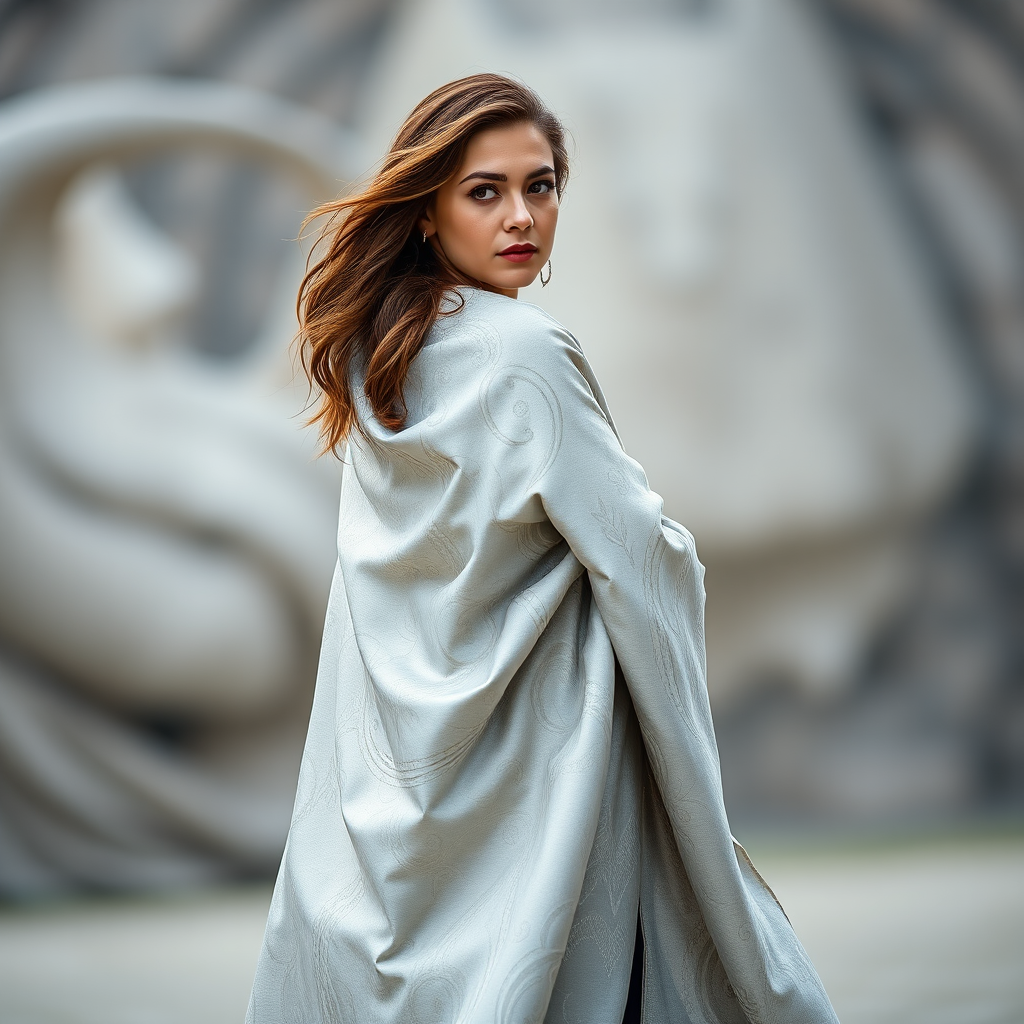 A woman in a flowing silver and white cloak with intricate patterns, standing in a three-quarter view, soft focus background, captured with a DSLR camera at f/2.8, ISO 100, 35mm lens, natural light, portrait mode.