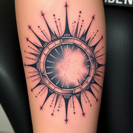 Dotwork tattoo named "Quantum Realm" using intricate stippling techniques to create a three-dimensional portal effect revealing a glimpse into an alternate universe