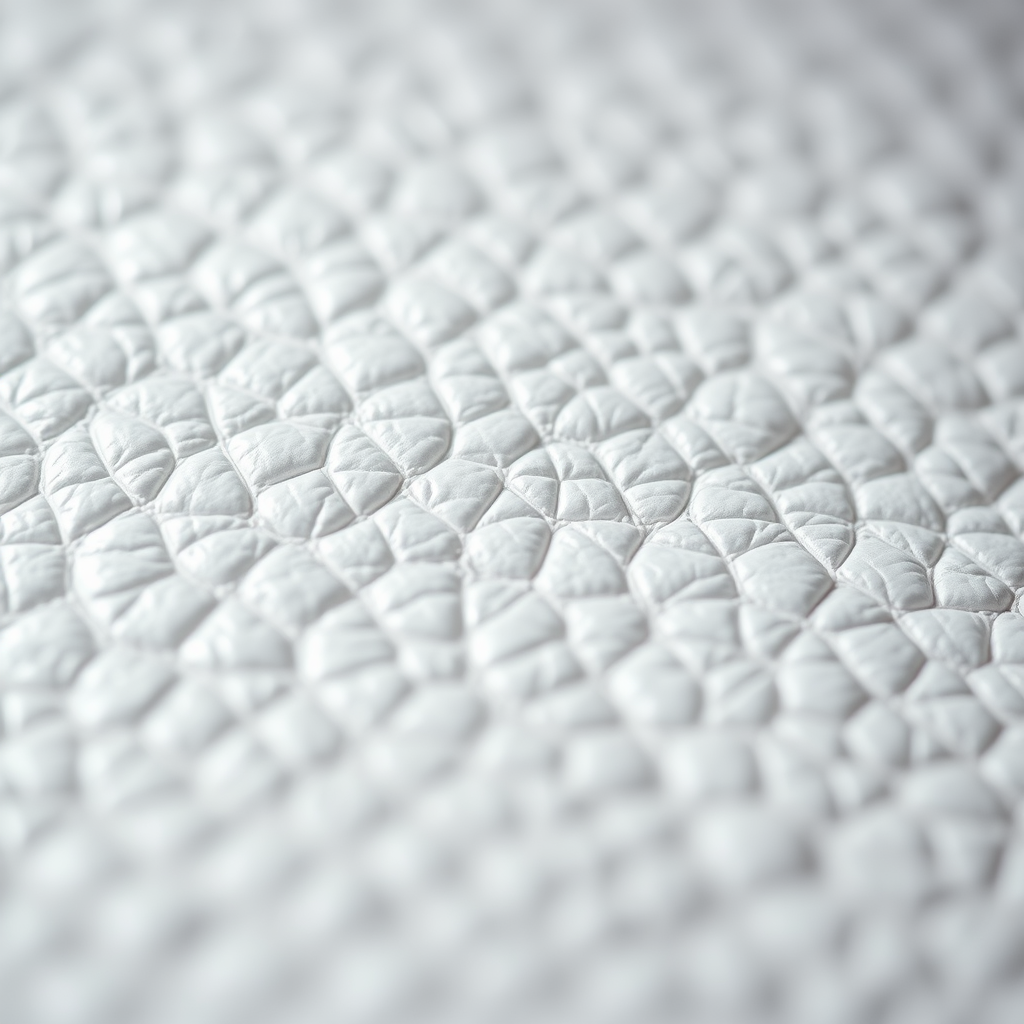 Create a highly detailed close-up image of textured white leather with soft lighting, using a DSLR camera at f/8 aperture, ISO 100, 50mm lens, shoot in macro mode to enhance texture clarity.