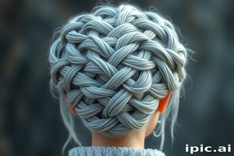 Intricate braided updo featuring a mix of silvery gray and pale blue strands woven into an elaborate crown-like structure, evoking an icy queen's regal appearance named Frost Empress
