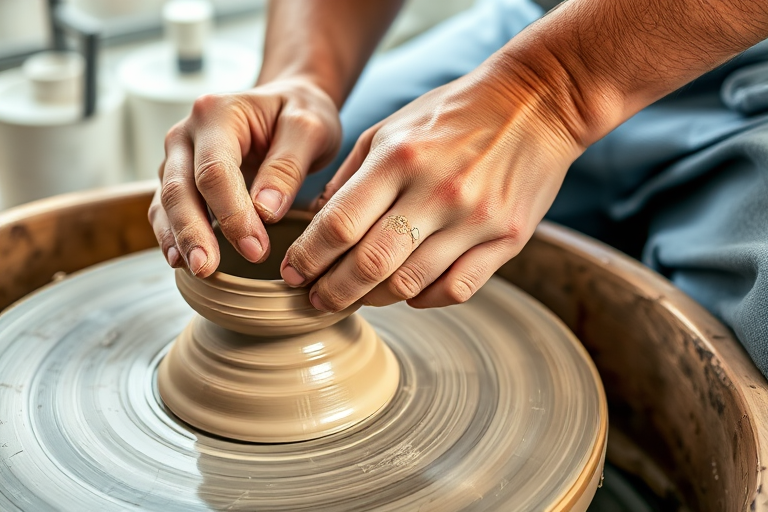 A close-up of a person shaping clay on a pottery wheel, natural lighting, shallow depth of field, ISO 200, f/2.8, 1/200 sec, DSLR camera, macro lens.