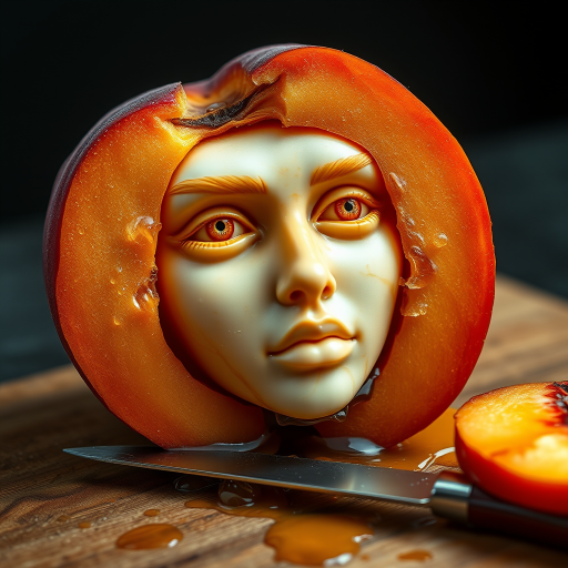 A hyperdetailed photorealistic macro color saturated high resolution image of a peach cut in half, with the peach pit being a highly detailed sculpted woman's face with her eyes open and peach-colored irises. The face has a marble texture. The image includes condensation, moisture, and peach juice. The peach is on a wooden cutting board with a small fruit knife nearby, also covered with juice.