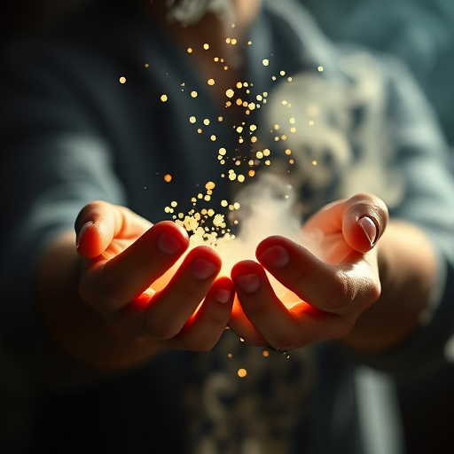 Create an image of hands holding glowing particles and smoke, using a shallow depth of field, with a Canon EOS R5 camera, 50mm lens, f/1.8 aperture, ISO 100, 1/125 sec shutter speed, soft focus background, and dramatic lighting to enhance the ethereal quality.