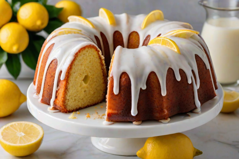 Create an image of a beautifully decorated lemon bundt cake. The cake should have a smooth white glaze drizzled on top, garnished with bright yellow lemon zest. Place fresh lemon slices around the cake, and set it on a light marble surface with soft lighting to enhance the freshness. Include a few decorative elements like flowers and simple plates in the background for a cozy kitchen setting.