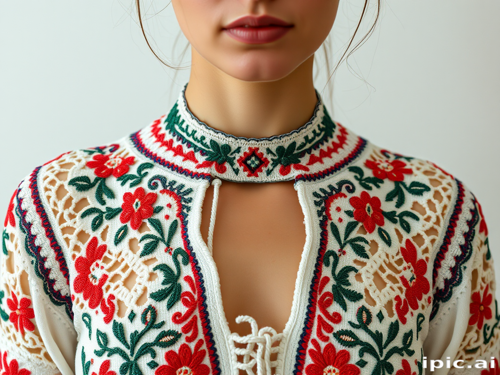 Face, shoulders, chest covered in openwork Ukrainian embroidery. Raw, unedited image.