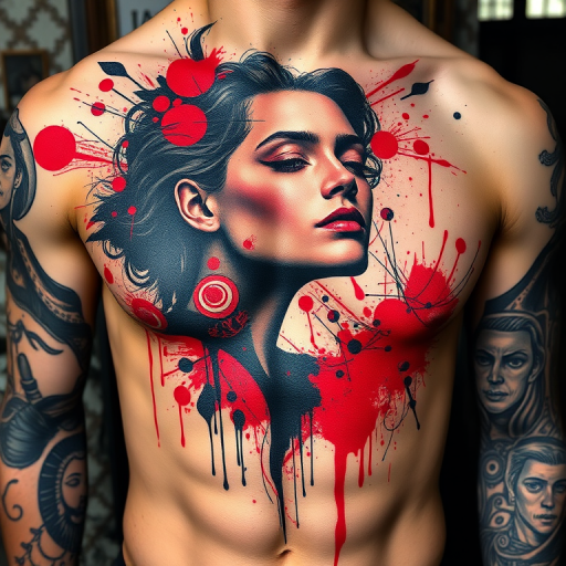 Trash polka style tattoo combining realistic portrait with abstract red and black elements, chaotic yet balanced composition on ribcage