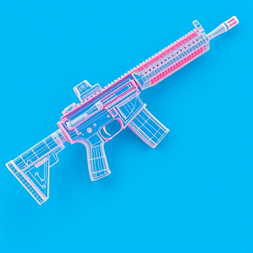 Generate a 3D wireframe model of an AR-15 rifle on a solid blue background, using a DSLR camera with a 50mm lens, aperture set to f/8 for sharp focus, ISO 100 for clarity, and a slight three-quarter angle view to highlight the details of the wireframe structure.