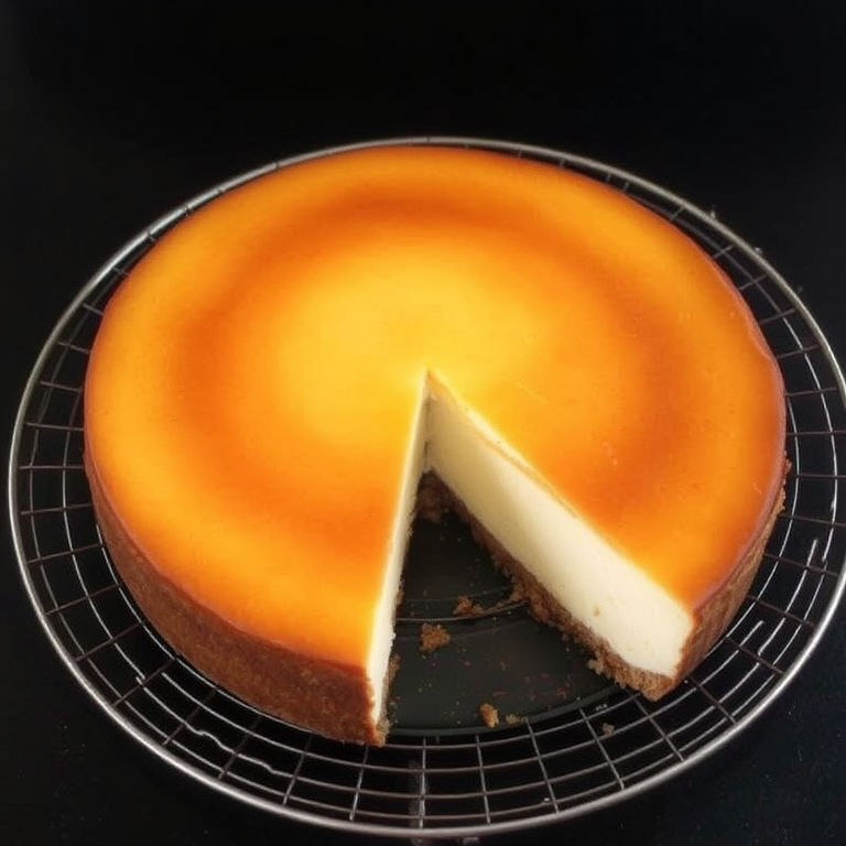 A freshly baked cheesecake with a golden brown top, resting on a round wire rack, with a slice removed revealing its creamy interior and crumbly crust, set against a dark surface.