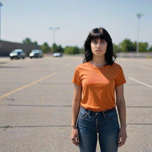 realistic image of a black haired woman, in an empty parking lot wearing  a orange shirt