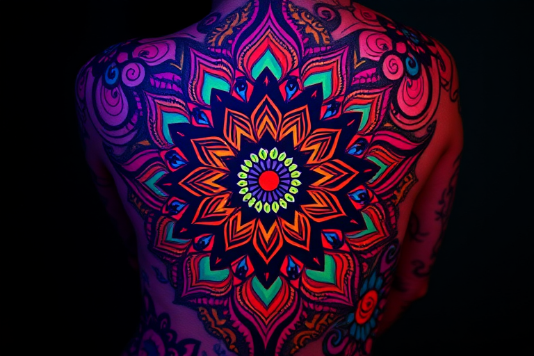 Psychedelic tattoo titled "Kaleidoscope Dreams" showcasing swirling, vibrant patterns and mandalas that seem to move and shift, incorporating UV-reactive ink for an extra dimension in blacklight