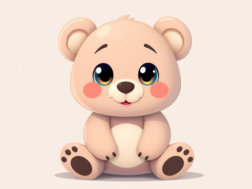 Create a cute cartoon bear character sitting upright with big shiny eyes, pastel colors, soft shadows, high-resolution 4K, 50mm lens, f/2.8 aperture, front view, digital illustration style.