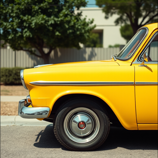 Create a vintage style photograph of a classic yellow car, side view, daytime, with an aperture of f/8, shutter speed of 1/500s, ISO 200, using a DSLR camera with a 50mm lens.