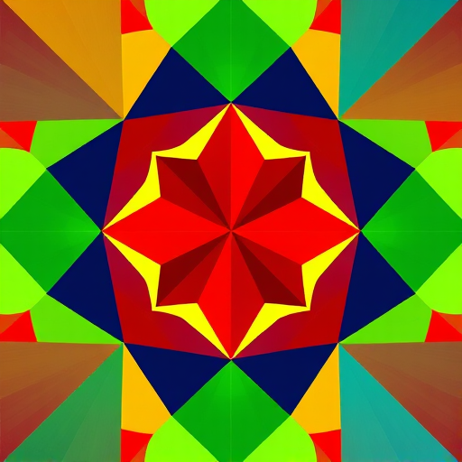Create a vibrant geometric pattern featuring a hexagonal arrangement of colorful triangles in red, blue, green, and yellow with sharp contrasts, shot with a DSLR camera at f/8 aperture, ISO 100, 24mm lens, and a top-down view to capture maximum detail and clarity.