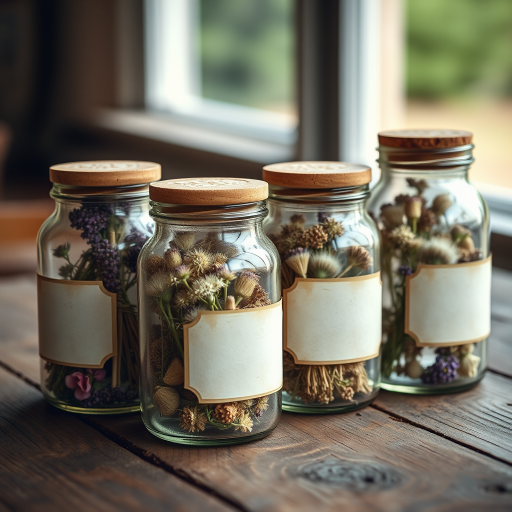 a close-up shot of four vintage glass jars filled with dried flowers, wooden cork lids, and blank labels, set on a rustic wooden table, soft natural lighting, f/2.8, 50mm lens, ISO 100, shallow depth of field