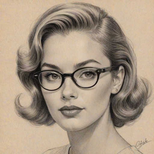 Wonderful Chloe Bailey, pencil sketch, portrait of Exquisite woman 1953s in glasses, hair style beatnik, outline, clear lines, fine lines, 8k