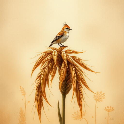 Soft, muted Alcohol Ink with ebru effect background image of tiny whimsical gazalle, who climbed high on the top of a golden rye ear.