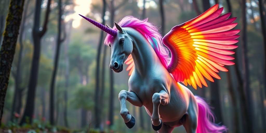 majestic winged unicorn in a mystical forest, vibrant colors with glowing wings, 85mm lens, f/2.8 aperture, ISO 100, low-angle view, soft focus background, high dynamic range imaging, digital art style, DSLR camera