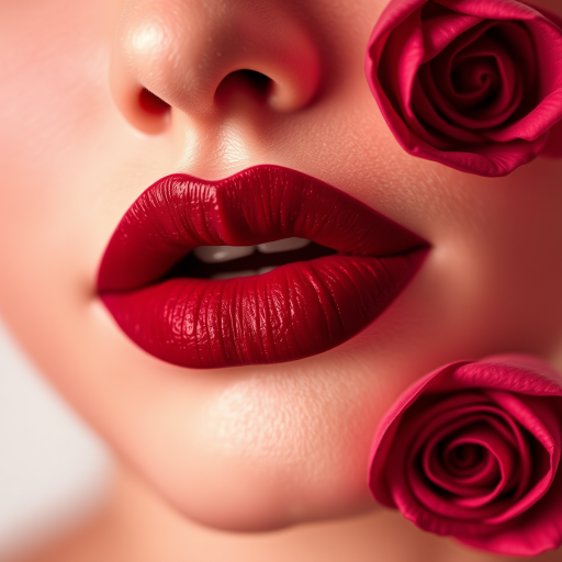 Romantic rose petal lips in deep burgundy with a velvety matte texture, mimicking the softness and richness of real flower petals