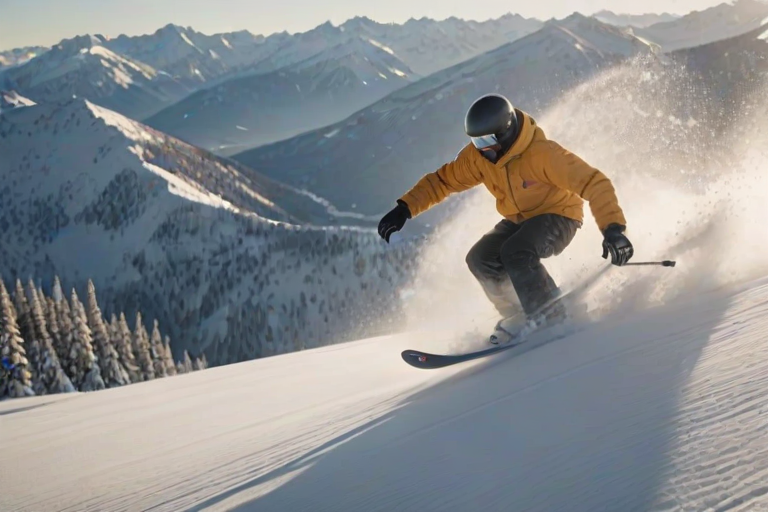 Blurry action shot of a snowboarder carving through fresh powder on a snowy mountain slope, soft light from the setting sun casting long shadows on the snow, distant mountains stretching into the horizon, focus on the movement and energy of the rider.