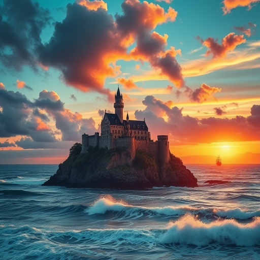 A vibrant fantasy landscape featuring a castle on a cliff by the sea during sunset with dramatic clouds, rolling waves, and distant ships, captured with a Canon EOS R5, 24mm lens, f/11 aperture, ISO 100, 1/200 sec exposure, wide-angle view for enhanced depth and detail.