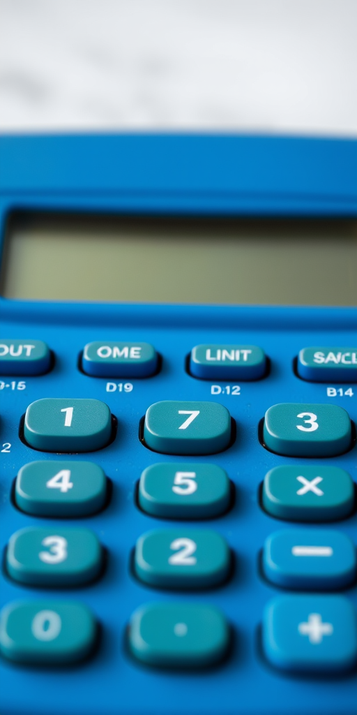generate a high-resolution image of a blue calculator with green buttons, viewed from a slightly elevated angle, using a DSLR camera with f/2.8 aperture, 50mm lens, ISO 100, and natural lighting for enhanced clarity and detail.