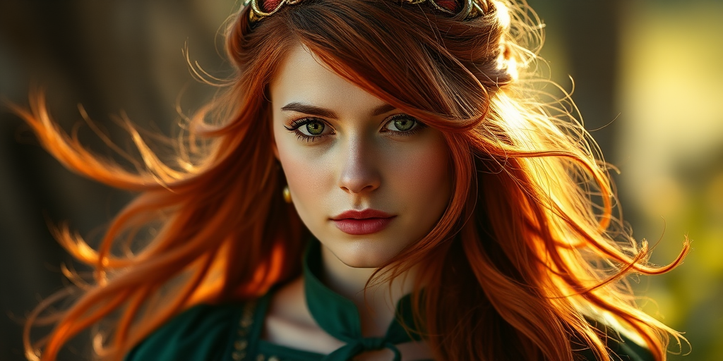 portrait of a woman with flowing red hair in a green medieval dress, softly lit, warm tones, capturing intricate details, DSLR camera, 50mm lens, f/1.8, natural light, shallow depth of field, composition in focus on the face.
