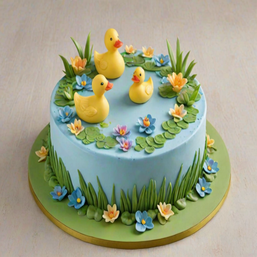 Create an image of a round cake with a light blue frosting. The cake features playful decorations including two cute duck figurines, one standing upright and the other upside down. Surround the ducks with green lily pads and small colorful flowers to enhance the whimsical theme. The bottom of the cake should have a decorative border with pastel colors.