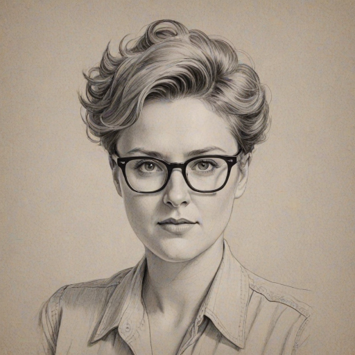 Resplendent Hannah Gadsby, pencil sketch, portrait of Splendid woman 1949s in glasses, hair style beatnik, outline, clear lines, fine lines, 8k