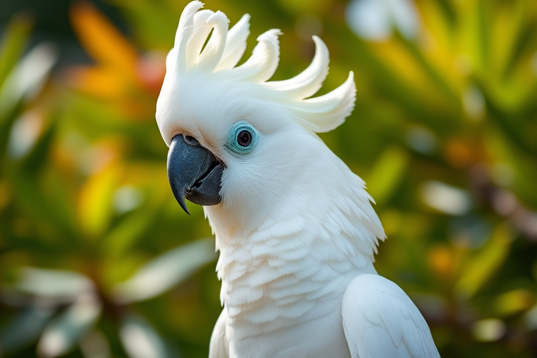 Capture a close-up of a white cockatoo with vibrant green foliage in the background, using a Canon EOS 5D Mark IV, 85mm lens, aperture f/2.8, ISO 100, portrait orientation, natural lighting for enhanced detail and clarity.