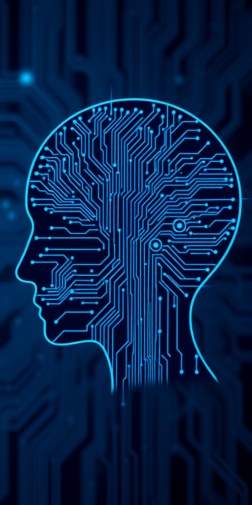 Generate a high-resolution digital artwork depicting a stylized human head silhouette filled with intricate circuit patterns, representing artificial intelligence, with glowing blue accents, shot with a Canon EOS R5 at f/2.8, ISO 100, and a shutter speed of 1/60s, in a macro view with a vivid color palette using a clean, modern aesthetic.