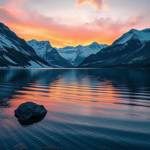 landscape photograph of a tranquil lake surrounded by majestic snow-capped mountains at sunset with soft reflections on the water, shot with a Canon EOS R5, 24mm lens, f/11 aperture, ISO 100, 1/125 sec shutter speed, using a wide-angle view to capture the expansive scene in vibrant colors and enhanced clarity