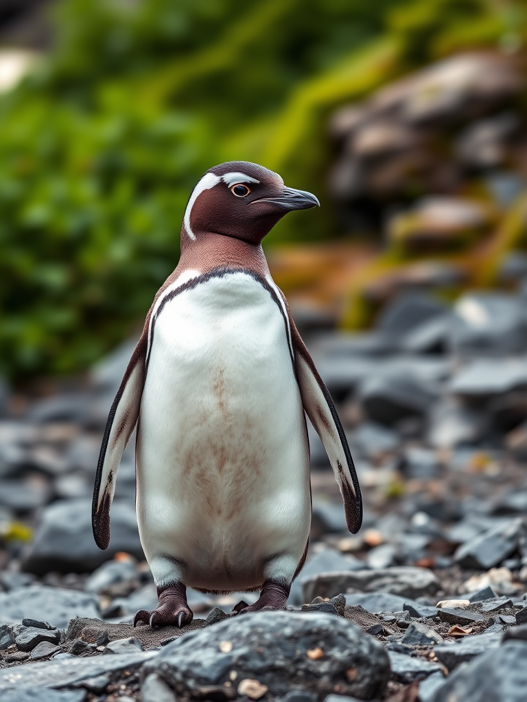 Generate an image of a penguin standing on rocky terrain with lush greenery in the background, captured with a DSLR camera, 50mm lens, aperture f/2.8, ISO 200, shutter speed 1/500s, in natural lighting, with a shallow depth of field for a soft bokeh effect.