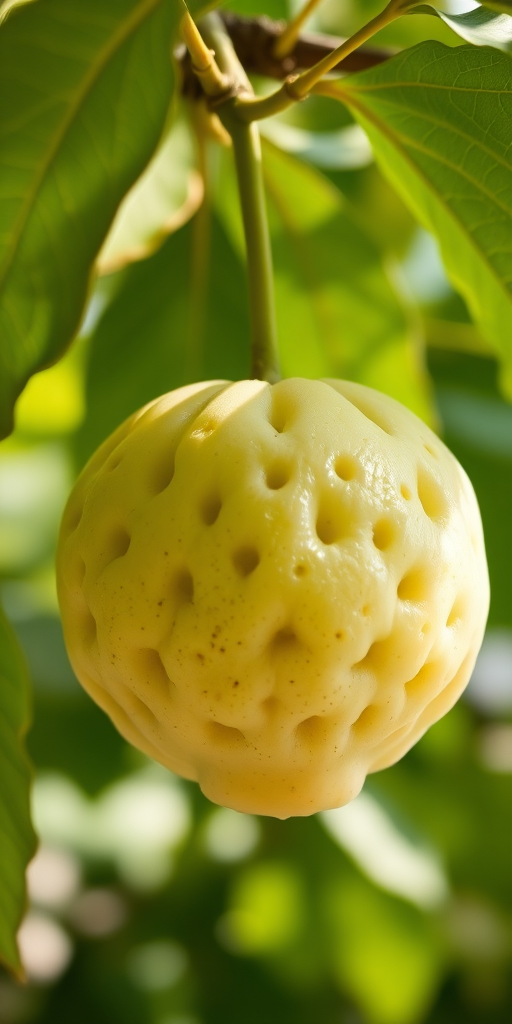 High-resolution close-up photograph of cherimoya fruit hanging from a branch with lush green leaves, natural lighting, aperture f/2.8, ISO 100, 50mm lens, DSLR camera, shallow depth of field.