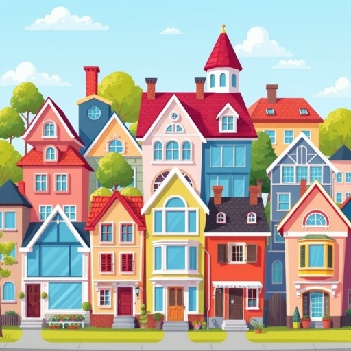 Create a vibrant illustration of various houses in a cartoon style, capturing a diverse architectural range from traditional to modern with bright colors and unique designs, using a high-resolution digital canvas at 300 DPI, front view perspective, and simulated tilt-shift lens effect for enhanced depth.