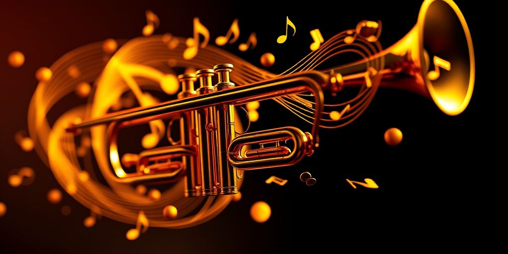 A 3D rendering of a trumpet with abstract musical notes swirling around it, captured in a dramatic lighting setup, using a Canon EOS R5, 85mm lens, f/1.4 aperture, ISO 100, with a shallow depth of field and studio lighting to enhance color saturation and contrast.