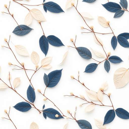 Generate a minimalist pattern featuring delicate leaves and branches in soft pastel colors including beige, navy, and light gray on a white background, using a Canon EOS R5 with a 50mm f/1.8 lens at f/2.8, aperture priority mode, and natural light for enhanced quality and detail.