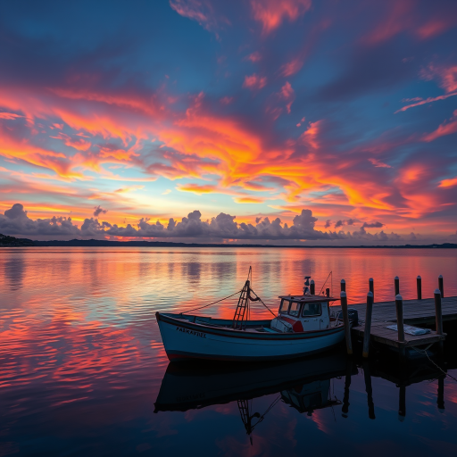 vibrant sunset over a calm harbor with a lone fishing boat near a wooden pier, colorful clouds reflecting in the water, warm tones of orange and pink in the sky, shot with a Canon EOS R5, f/8 aperture, 24mm lens, 1/100s shutter speed, HDR style for enhanced details and vivid colors